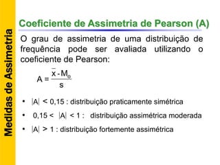 Coeficiente de Assimetria de Pearson (A)
s
Mx
=A o-
A
A
O grau de assimetria de uma distribuição de
frequência pode ser avaliada utilizando o
coeficiente de Pearson:
• < 0,15 : distribuição praticamente simétricaA
• 0,15 < < 1 : distribuição assimétrica moderada
• > 1 : distribuição fortemente assimétrica
MedidasdeAssimetria
 