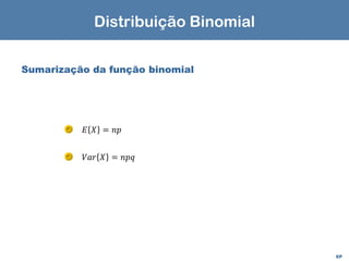 EP
Sumarização da função binomial
𝐸 𝑋 = 𝑛𝑝
𝑉𝑎𝑟 𝑋 = 𝑛𝑝𝑞
Distribuição Binomial
 