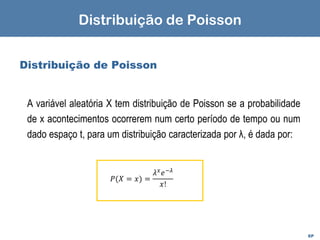 EP
Distribuição de Poisson
A variável aleatória X tem distribuição de Poisson se a probabilidade
de x acontecimentos ocorrerem num certo período de tempo ou num
dado espaço t, para um distribuição caracterizada por λ, é dada por:
𝑃(𝑋 = 𝑥) =
𝜆𝑥
𝑒−𝜆
𝑥!
Distribuição de Poisson
 