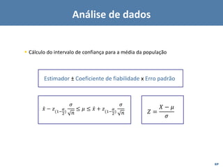 EP
▪ Cálculo do intervalo de confiança para a média da população
Análise de dados
Estimador ± Coeficiente de fiabilidade x Erro padrão
ǉ
𝑥 − 𝑧(1−
𝛼
2
)
𝜎
𝑛
≤ 𝜇 ≤ ǉ
𝑥 + 𝑧(1−
𝛼
2
)
𝜎
𝑛 𝑍 =
𝑋 − 𝜇
𝜎
 