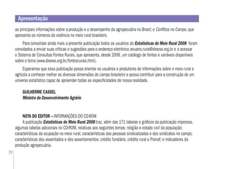 20
Apresentação
as principais informações sobre a produção e o desempenho da agropecuária no Brasil; e Conﬂitos no Campo, que
apresenta os números da violência no meio rural brasileiro.
Para consolidar ainda mais a presente publicação todos os usuários do Estatísticas do Meio Rural 2008 foram
convidados a enviar suas críticas e sugestões para o endereço eletrônico anuario.rural@dieese.org.br e a acessar
o Sistema de Consultas Fontes Rurais, que apresenta, desde 2006, um catálogo de fontes e variáveis disponíveis
sobre o tema (www.dieese.org.br/fontesrurais.html).
Esperamos que essa publicação possa orientar os usuários e produtores de informações sobre o meio rural e
agrícola a conhecer melhor as diversas dimensões do campo brasileiro e possa contribuir para a construção de um
universo estatístico capaz de apreender todas as especiﬁcidades de nossa realidade.
GUILHERME CASSEL
Ministro do Desenvolvimento Agrário
NOTA DO EDITOR – INFORMAÇÕES DO CD-ROM
A publicação Estatísticas do Meio Rural 2008 traz, além das 171 tabelas e gráﬁcos da publicação impressa,
algumas tabelas adicionais no CD-ROM, relativas aos seguintes temas: religião e estado civil da população;
características da ocupação no meio rural; características das pessoas sindicalizadas e dos sindicatos no campo;
características dos assentados e dos assentamentos; crédito fundiário, crédito rural e Pronaf; e indicadores da
produção agropecuária.
 