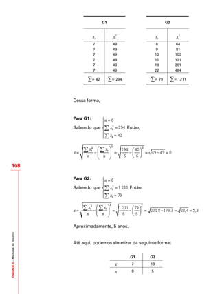 UNIDADE5–Medidasderesumo
108
G1 G2
ix 2
ix ix 2
ix
7 49 8 64
7 49 9 81
7 49 10 100
7 49 11 121
7 49 19 361
7 49 22 484
∑= 42 ∑= 294 ∑= 79 ∑= 1211
Dessa forma,
Para G1:
Sabendo que Então,
Para G2:
Sabendo que Então,
Aproximadamente, 5 anos.
Até aqui, podemos sintetizar da seguinte forma:
G1 G2
x 7 13
s 0 5
 