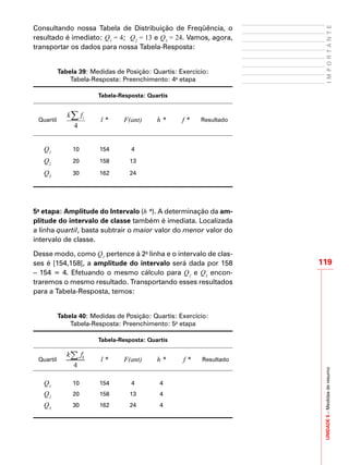 UNIDADE5–Medidasderesumo
119
IMPORTANTE
Consultando nossa Tabela de Distribuição de Freqüência, o
resultado é imediato: Q1
= 4; Q2
= 13 e Q3
= 24. Vamos, agora,
transportar os dados para nossa Tabela-Resposta:
Tabela 39: Medidas de Posição: Quartis: Exercício:
Tabela-Resposta: Preenchimento: 4a
etapa
Tabela-Resposta: Quartis
Quartil
4
∑ ifk
l * F(ant) h * f * Resultado
Q1
10 154 4
Q2
20 158 13
Q3
30 162 24
5a
etapa: Amplitude do Intervalo (h *). A determinação da am-
plitude do intervalo de classe também é imediata. Localizada
a linha quartil, basta subtrair o maior valor do menor valor do
intervalo de classe.
Desse modo, como Q1
pertence à 2a
linha e o intervalo de clas-
ses é [154,158[, a amplitude do intervalo será dada por 158
– 154 = 4. Efetuando o mesmo cálculo para Q2
e Q3
encon-
traremos o mesmo resultado. Transportando esses resultados
para a Tabela-Resposta, temos:
Tabela 40: Medidas de Posição: Quartis: Exercício:
Tabela-Resposta: Preenchimento: 5a
etapa
Tabela-Resposta: Quartis
Quartil l * F(ant) h * f * Resultado
Q1
10 154 4 4
Q2
20 158 13 4
Q3
30 162 24 4
 