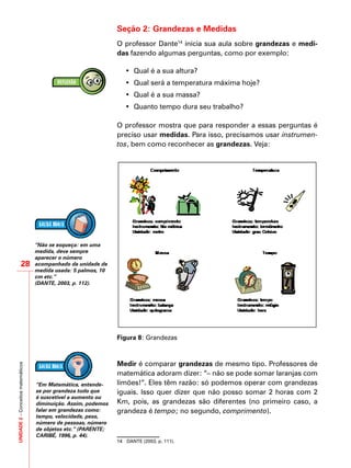 UNIDADE2–Conceitosmatemáticos
28
Seção 2: Grandezas e Medidas
O professor Dante14
inicia sua aula sobre grandezas e medi-
das fazendo algumas perguntas, como por exemplo:
•	 Qual é a sua altura?
• 	Qual será a temperatura máxima hoje?
• 	Qual é a sua massa?
• 	Quanto tempo dura seu trabalho?
O professor mostra que para responder a essas perguntas é
preciso usar medidas. Para isso, precisamos usar instrumen-
tos, bem como reconhecer as grandezas. Veja:
Figura 8: Grandezas
Medir é comparar grandezas de mesmo tipo. Professores de
matemática adoram dizer: “– não se pode somar laranjas com
limões!”. Eles têm razão: só podemos operar com grandezas
iguais. Isso quer dizer que não posso somar 2 horas com 2
Km, pois, as grandezas são diferentes (no primeiro caso, a
grandeza é tempo; no segundo, comprimento).
14	 DANTE (2003, p. 111).
“Não se esqueça: em uma
medida, deve sempre
aparecer o número
acompanhado da unidade de
medida usada: 5 palmos, 10
cm etc.”
(DANTE, 2003, p. 112).
“Em Matemática, entende-
se por grandeza tudo que
é suscetível a aumento ou
diminuição. Assim, podemos
falar em grandezas como:
tempo, velocidade, peso,
número de pessoas, número
de objetos etc.” (PARENTE;
CARIBÉ, 1996, p. 44).
 