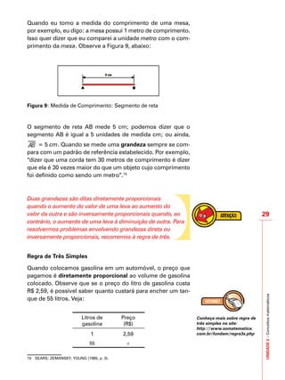 UNIDADE2–Conceitosmatemáticos
29
Quando eu tomo a medida do comprimento de uma mesa,
por exemplo, eu digo: a mesa possui 1 metro de comprimento.
Isso quer dizer que eu comparei a unidade metro com o com-
primento da mesa. Observe a Figura 9, abaixo:
Figura 9: Medida de Comprimento: Segmento de reta
O segmento de reta AB mede 5 cm; podemos dizer que o
segmento AB é igual a 5 unidades de medida cm; ou ainda,
= 5 cm. Quando se mede uma grandeza sempre se com-
para com um padrão de referência estabelecido. Por exemplo,
“dizer que uma corda tem 30 metros de comprimento é dizer
que ela é 30 vezes maior do que um objeto cujo comprimento
foi definido como sendo um metro”.15
Duas grandezas são ditas diretamente proporcionais
quando o aumento do valor de uma leva ao aumento do
valor da outra e são inversamente proporcionais quando, ao
contrário, o aumento de uma leva à diminuição de outra. Para
resolvermos problemas envolvendo grandezas direta ou
inversamente proporcionais, recorremos à regra de três.
Regra de Três Simples
Quando colocamos gasolina em um automóvel, o preço que
pagamos é diretamente proporcional ao volume de gasolina
colocado. Observe que se o preço do litro de gasolina custa
R$ 2,59, é possível saber quanto custará para encher um tan-
que de 55 litros. Veja:
Litros de
gasolina
Preço
(R$)
1 2,59
55 x
15	 SEARS; ZEMANSKY; YOUNG (1985, p. 3).
Conheça mais sobre regra de
três simples no site:
http://www.somatematica.
com.br/fundam/regra3s.php
 