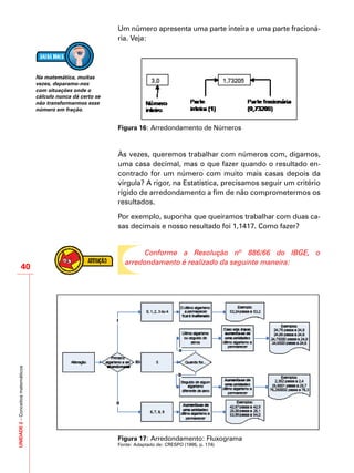 UNIDADE2–Conceitosmatemáticos
40
Um número apresenta uma parte inteira e uma parte fracioná-
ria. Veja:
Figura 16: Arredondamento de Números
Às vezes, queremos trabalhar com números com, digamos,
uma casa decimal, mas o que fazer quando o resultado en-
contrado for um número com muito mais casas depois da
vírgula? A rigor, na Estatística, precisamos seguir um critério
rígido de arredondamento a fim de não comprometermos os
resultados.
Por exemplo, suponha que queiramos trabalhar com duas ca-
sas decimais e nosso resultado foi 1,1417. Como fazer?
Conforme a Resolução nº 886/66 do IBGE, o
arredondamento é realizado da seguinte maneira:
Figura 17: Arredondamento: Fluxograma
Fonte: Adaptado de: CRESPO (1995, p. 174)
Na matemática, muitas
vezes, deparamo-nos
com situações onde o
cálculo nunca dá certo se
não transformarmos esse
número em fração.
 
