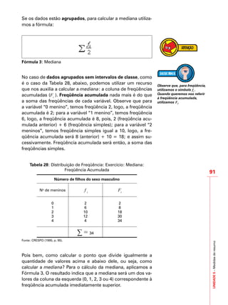 UNIDADE5–Medidasderesumo
91
Se os dados estão agrupados, para calcular a mediana utiliza-
mos a fórmula:
Fórmula 3: Mediana
No caso de dados agrupados sem intervalos de classe, como
é o caso da Tabela 28, abaixo, podemos utilizar um recurso
que nos auxilia a calcular a mediana: a coluna de freqüências
acumuladas (Fi
). Freqüência acumulada nada mais é do que
a soma das freqüências de cada variável. Observe que para
a variável “0 menino”, temos freqüência 2, logo, a freqüência
acumulada é 2; para a variável “1 menino”, temos freqüência
6, logo, a freqüência acumulada é 8, pois, 2 (freqüência acu-
mulada anterior) + 6 (freqüência simples); para a variável “2
meninos”, temos freqüência simples igual a 10, logo, a fre-
qüência acumulada será 8 (anterior) + 10 = 18; e assim su-
cessivamente. Freqüência acumulada será então, a soma das
freqüências simples.
Tabela 28: Distribuição de Freqüência: Exercício: Mediana:
Freqüência Acumulada
Número de filhos do sexo masculino
No
de meninos f i
Fi
0 2 2
1 6 8
2 10 18
3 12 30
4 4 34
∑ = 34
Fonte: CRESPO (1995, p. 95).
Pois bem, como calcular o ponto que divide igualmente a
quantidade de valores acima e abaixo dele, ou seja, como
calcular a mediana? Para o cálculo da mediana, aplicamos a
Fórmula 3. O resultado indica que a mediana será um dos va-
lores da coluna da esquerda (0, 1, 2, 3 ou 4) correspondente à
freqüência acumulada imediatamente superior.
Observe que, para freqüência,
utilizamos o símbolo fi
.
Quando queremos nos referir
à freqüência acumulada,
utilizamos Fi
.
 