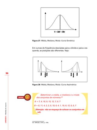UNIDADE5–Medidasderesumo
96
Figura 27: Média, Mediana, Moda: Curva Simétrica
Em curvas de freqüência desviadas para a direita e para a es-
querda, as posições são diferentes. Veja:
Figura 28: Média, Mediana, Moda: Curva Assimétrica
Determinar a média, a mediana e a moda
dos conjuntos de números:59
A = 7, 4, 10, 9, 15, 12, 7, 9, 7
B = 8, 11, 4, 3, 2, 5, 10, 6, 4, 1, 10, 8, 12, 6, 5, 7
(Atenção: não se esqueça de colocar os conjuntos em
rol).
59	 SPIEGEL (1975, p. 105).
 