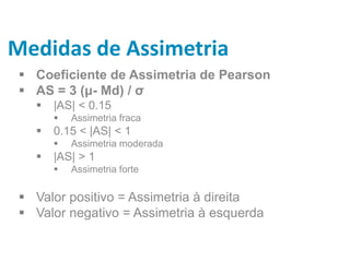 Medidas de Assimetria
 Coeficiente de Assimetria de Pearson
 AS = 3 (μ- Md) / σ
 |AS| < 0.15
 Assimetria fraca
 0.15 < |AS| < 1
 Assimetria moderada
 |AS| > 1
 Assimetria forte
 Valor positivo = Assimetria à direita
 Valor negativo = Assimetria à esquerda
 