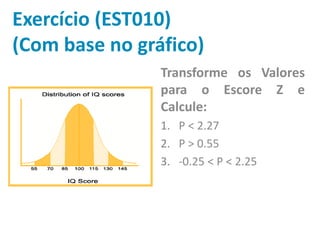 Transforme os Valores
para o Escore Z e
Calcule:
1. P < 2.27
2. P > 0.55
3. -0.25 < P < 2.25
Exercício (EST010)
(Com base no gráfico)
 