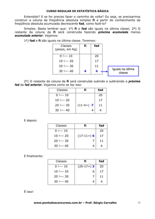 CURSO REGULAR DE ESTATÍSTICA BÁSICA

      Entendido? E se for preciso fazer o caminho de volta? Ou seja, se precisarmos
construir a coluna da freqüência absoluta simples fi a partir do conhecimento da
freqüência absoluta acumulada decrescente fad, como fazê-lo?
      Simples. Basta lembrar que: 1º) fi e fad são iguais na última classe; 2º) O
restante da coluna da fi será construída fazendo próxima acumulada menos
acumulada anterior. Vejamos:
      1º) fad e fi são iguais na última classe. Teremos:
                                 Classes         fi       fad
                             (pesos, em Kg)

                                0 !--- 10                  20
                               10 !--- 20                  17
                               20 !--- 30                  11
                                                                      Iguais na última
                               30 !--- 40        4         4
                                                                           classe

      2º) O restante da coluna da fi será construída subindo e subtraindo a próxima
fad da fad anterior. Vejamos como se faz isso:
                              Classes            fi            fad
                             0 !--- 10                          20
                             10 !--- 20                         17
                             20 !--- 30       (11-4=) 7         11
                             30 !--- 40               4         4


      E depois:
                             Classes             fi             fad
                             0 !--- 10                          20
                            10 !--- 20        (17-11=) 6        17
                            20 !--- 30                7         11
                            30 !--- 40                4          4


      E finalmente:
                             Classes             fi             fad
                             0 !--- 10        (20-17=) 3        20
                            10 !--- 20                6         17
                            20 !--- 30                7         11
                            30 !--- 40                4          4


      É isso!


                www.pontodosconcursos.com.br – Prof. Sérgio Carvalho                     13
 