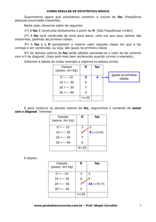 CURSO REGULAR DE ESTATÍSTICA BÁSICA

      Suponhamos agora que precisamos construir a coluna da fac (freqüência
absoluta acumulada crescente).
      Neste caso, devemos saber do seguinte:
      1º) A fac é construída diretamente a partir da fi. (São freqüências irmãs!)
      2º) A fac será construída de cima para baixo, uma vez que seus valores são
crescentes, partindo da primeira classe;
     3º) A fac e a fi apresentam o mesmo valor naquela classe em que a fac
começa a ser construída, ou seja, são iguais na primeira classe.
     4º) Os demais valores da fac serão obtidos somando-se o valor da fac anterior
com a fi da diagonal. (Isso será mais bem esclarecido quando virmos o exemplo).
      Voltemos à tabela do nosso exemplo e sigamos os passos acima:
                               Classes            fi       fac
                           (pesos, em Kg)
                                                                   Iguais na primeira
                              0 !--- 10           3        3             classe
                              10 !--- 20          6
                              20 !--- 30          7
                              30 !--- 40          4
                                             n=20


     E para construir os demais valores da fac, seguiremos o comando de somar
com a diagonal. Teremos:
                             Classes         fi            fac
                         (pesos, em Kg)

                            0 !--- 10        3         3
                           10 !--- 20        6         9 (=3+6)
                           20 !--- 30        7
                           30 !--- 40        4
                                            N=20


      E depois:
                            Classes         fi             fac
                        (pesos, em Kg)

                           0 !--- 10         3         3
                           10 !--- 20        6         9
                           20 !--- 30        7         16 (=9+7)
                           30 !--- 40        4
                                           n=20


            www.pontodosconcursos.com.br – Prof. Sérgio Carvalho                        9
 