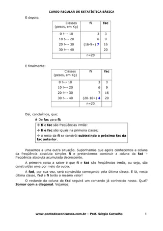 CURSO REGULAR DE ESTATÍSTICA BÁSICA

      E depois:
                                  Classes           fi       fac
                           (pesos, em Kg)

                              0 !--- 10                  3   3
                              10 !--- 20                 6   9
                              20 !--- 30      (16-9=) 7      16
                              30 !--- 40                     20
                                                n=20


      E finalmente:
                                 Classes            fi       fac
                          (pesos, em Kg)

                              0 !--- 10                  3    3
                             10 !--- 20                  6    9
                             20 !--- 30                  7    16
                             30 !--- 40       (20-16=) 4      20
                                                n=20


      Daí, concluímos, que:
            # De fac para fi:
                  fi e fac são freqüências irmãs!
                  fi e fac são iguais na primeira classe;
               o resto da fi se constrói subtraindo a próxima fac da
             fac anterior.


      Passemos a uma outra situação. Suponhamos que agora conhecemos a coluna
da freqüência absoluta simples fi e pretendemos construir a coluna da fad –
freqüência absoluta acumulada decrescente.
      A primeira coisa a saber é que fi e fad são freqüências irmãs, ou seja, são
construídas uma por meio da outra.
      A fad, por sua vez, será construída começando pela última classe. E lá, nesta
última classe, fad e fi terão o mesmo valor!
    O restante da coluna da fad seguirá um comando já conhecido nosso. Qual?
Somar com a diagonal. Vejamos:




            www.pontodosconcursos.com.br – Prof. Sérgio Carvalho                 11
 