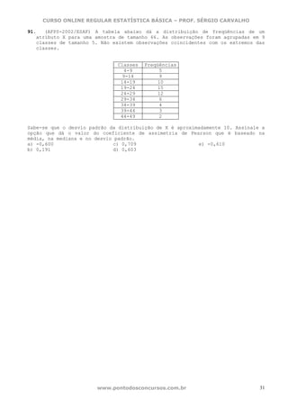 CURSO ONLINE REGULAR ESTATÍSTICA BÁSICA – PROF. SÉRGIO CARVALHO

91.   (AFPS-2002/ESAF) A tabela abaixo dá a distribuição de freqüências de um
   atributo X para uma amostra de tamanho 66. As observações foram agrupadas em 9
   classes de tamanho 5. Não existem observações coincidentes com os extremos das
   classes.


                              Classes   Freqüências
                                 4-9          5
                                9-14          9
                               14-19         10
                               19-24         15
                               24-29         12
                               29-34          6
                               34-39          4
                               39-44          3
                               44-49          2

Sabe-se que o desvio padrão da distribuição de X é aproximadamente 10. Assinale a
opção que dá o valor do coeficiente de assimetria de Pearson que é baseado na
média, na mediana e no desvio padrão.
a) -0,600                     c) 0,709                    e) -0,610
b) 0,191                      d) 0,603




                       www.pontodosconcursos.com.br                            31
 