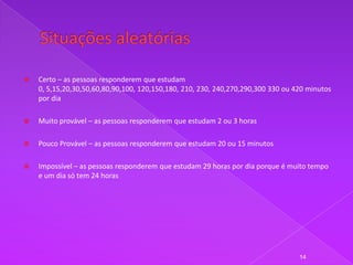    Certo – as pessoas responderem que estudam
    0, 5,15,20,30,50,60,80,90,100, 120,150,180, 210, 230, 240,270,290,300 330 ou 420 minutos
    por dia

   Muito provável – as pessoas responderem que estudam 2 ou 3 horas

   Pouco Provável – as pessoas responderem que estudam 20 ou 15 minutos

   Impossível – as pessoas responderem que estudam 29 horas por dia porque é muito tempo
    e um dia só tem 24 horas




                                                                                  14
 