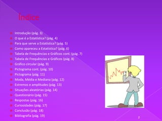    Introdução (pág. 3)
   O que é a Estatística? (pág. 4)
   Para que serve a Estatística? (pág. 5)
   Como apareceu a Estatística? (pág. 6)
   Tabela de Frequências e Gráficos cont. (pág. 7)
   Tabela de Frequências e Gráficos (pág. 8)
   Gráfico circular (pág. 9)
   Pictograma cont. (pág. 10)
   Pictograma (pág. 11)
   Moda, Média e Mediana (pág. 12)
   Estremos e amplitudes (pág. 13)
   Situações aleatórias (pág. 14)
   Questionário (pág. 15)
   Respostas (pág. 16)
   Curiosidades (pág. 17)
   Conclusão (pág. 18)
   Bibliografia (pág. 19)                            2
 