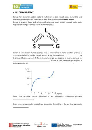  ELS CANVIS D’ESTAT

Com ja hem comentat, podem trobar la matèria en un dels 3 estats abans comentats, però
també és possible passar d’un estat a un altre. És el que anomenem canvi d’estat.
Omple la següent figura amb el nom dels diferents canvis d’estat implicat, indica quins
requereixen energia (vermell) i quins n’alliberen (blau).




Durant el canvi d’estat d’una substància pura, la temperatura es manté constant (gràfica). Si
considerem la fusió d’un bloc de gel, la fusió té lloc durant el tram ______________________ de
la gràfica. Al començament de l’experiència, l’energia que s’aporta al sistema s’empra per
____________________________________________________; durant la fusió, l’energia que s’aporta al
sistema s’empra per _______________________________________________________________.


                 T (ºC)
                   150



                   100



                    50




                                 2      6          10         14 t (min)
Quan    una   propietat permet       identificar   a    les   substàncies,   s’anomena   propietat
_____________________________.


Quan a més, una propietat no depèn de la quantitat de matèria, es diu que és una propietat
______________________.




                                                                                     Pàgina 3 de 4
 