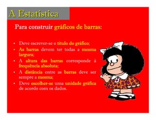 A Estatística
                grá         barras:
 Para construir gráficos de barras:

 • Deve escrever-se o título do gráfico;
                                gráfico
 • As barras devem ter todas a mesma
   largura;
   largura
 • A altura das barras corresponde à
              absoluta;
   frequência absoluta
 • A distância entre as barras deve ser
            mesma;
   sempre a mesma
 • Deve escolher-se uma unidade gráfica
         escolher-                  grá
   de acordo com os dados.
 
