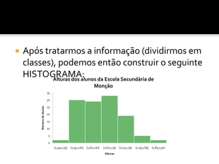    Após tratarmos a informação (dividirmos em
    classes), podemos então construir o seguinte
    HISTOGRAMA: da Escola Secundária de
            Alturas dos alunos
                                                                  Monção
                           35

                           30

                           25
        Número de alunos




                           20

                           15

                           10

                            5

                            0
                                [1,49;1,55[   [1,55;1,61[   [1,61;1,67[   [1,67;1,73[   [1,73;1,79[   [1,79;1,85[   [1,85;1,91[
                                                                           Alturas
 