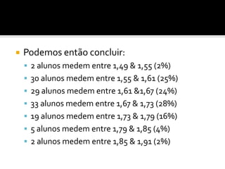    Podemos então concluir:
     2 alunos medem entre 1,49 & 1,55 (2%)
     30 alunos medem entre 1,55 & 1,61 (25%)
     29 alunos medem entre 1,61 &1,67 (24%)
     33 alunos medem entre 1,67 & 1,73 (28%)
     19 alunos medem entre 1,73 & 1,79 (16%)
     5 alunos medem entre 1,79 & 1,85 (4%)
     2 alunos medem entre 1,85 & 1,91 (2%)
 