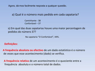 a) Qual é o número mais pedido em cada sapataria? Caminhante - 38  Confortável – 37 b ) Em qual das duas sapatarias houve uma maior percentagem de pedidos do número 37? Na sapataria “O Confortável”, 44%. A frequência relativa  de um acontecimento é o quociente entre a frequência  absoluta e o número total de dados . Definições: A frequência absoluta ou efectivo  de um dado estatístico é o número de vezes que esse acontecimento (dado) se verifica. Agora, dá-mos facilmente resposta a qualquer questão. 