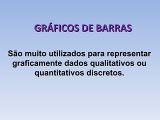 São muito utilizados para representar graficamente dados qualitativos ou quantitativos discretos. GRÁFICOS DE BARRAS 