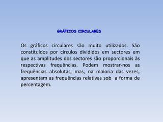GRÁFICOS CIRCULARES Os gráficos circulares são muito utilizados. São constituídos por círculos divididos em sectores em que as amplitudes dos sectores são proporcionais às respectivas frequências. Podem mostrar-nos as frequências absolutas, mas, na maioria das vezes, apresentam as frequências relativas sob  a forma de percentagem. 