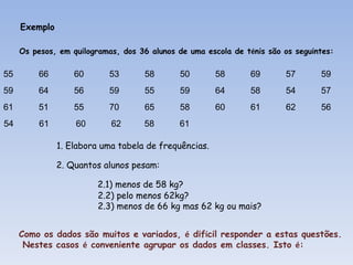 Exemplo  Os pesos, em quilogramas, dos 36 alunos de uma escola de t é nis são os seguintes: 55 66 60 53 58 50 58 69 57 59 59 64 56 59 55 59 64 58 54 57 61 51 55 70 65 58 60 61 62 56 54 61 60 62 58 61 1. Elabora uma tabela de frequências. 2. Quantos alunos pesam: 2.1) menos de 58 kg? 2.2) pelo menos 62kg? 2.3) menos de 66 kg mas 62 kg ou mais? Como os dados são muitos e variados,  é  dif í cil responder a estas questões. Nestes casos  é  conveniente agrupar os dados em classes. Isto  é : 