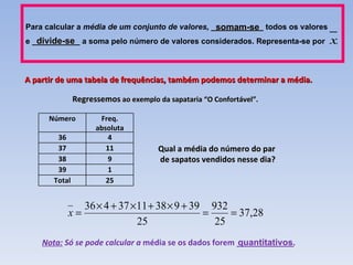 Regressemos  ao exemplo da sapataria “O Confortável”. A partir de uma tabela de frequências, também podemos determinar a média. Para calcular a  média de um conjunto de valores, ____________  todos os valores e ___________ a soma pelo número de valores considerados. Representa-se por  . Nota:  Só se pode calcular a  média se os dados forem _____________ Qual a média do número do par de sapatos vendidos nesse dia? quantitativos. somam-se divide-se Número Freq. absoluta 36 4 37 11 38 9 39 1 Total 25 