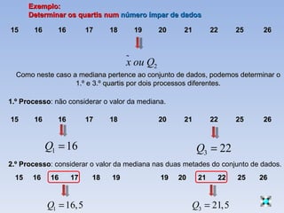 Exemplo: Determinar os quartis num  número ímpar de dados 15  16  16   17   18   19    20  21  22  25  26 Como neste caso a mediana pertence ao conjunto de dados, podemos determinar o 1.º e 3.º quartis por dois processos diferentes. 1.º Processo : não considerar o valor da mediana. 15  16  16   17   18     20  21  22  25  26 2.º Processo : considerar o valor da mediana nas duas metades do conjunto de dados. 15  16  16  17  18   19    19  20  21  22  25  26 