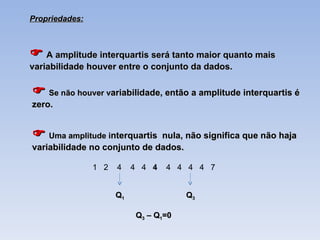 Propriedades:    A amplitude interquartis será tanto maior quanto mais variabilidade houver entre o conjunto da dados.    Se não houver v ariabilidade, então a amplitude interquartis é zero.    Uma amplitude i nterquartis  nula, não significa que não haja variabilidade no conjunto de dados. 1  2  4  4  4  4   4  4  4  4  7  Q 3 Q 1 Q 3  – Q 1 =0 