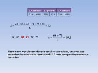 Neste caso, o professor deveria escolher a mediana, uma vez que entendeu desvalorizar o resultado do 1.º teste comparativamente aos restantes. 22  65  68  71  72  75 1.º período 2.º período 3.º período 22% 68% 72% 71% 75% 65% 