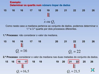 Exemplo: Determinar os quartis num  número ímpar de dados 15  16  16   17   18   19    20  21  22  25  26 Como neste caso ...