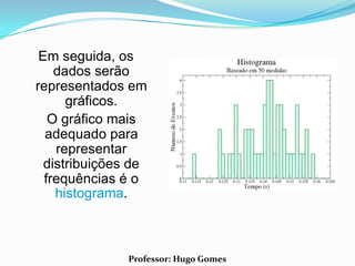 Em seguida, os
    dados serão
representados em
      gráficos.
   O gráfico mais
  adequado para
    representar
  distribuições de
  frequências é o
    histograma.



              Professor: Hugo Gomes
 