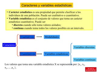 Caracteres y variables estadísticas

  • Carácter estadístico es una propiedad que permite clasificar a los
    individuos de una población. Puede ser cualitativo o cuantitativo.
  • Variable estadística es el conjunto de valores que toma un carácter
    estadístico cuantitativo. Puede ser
       • discreta cuando sólo toma valores aislados;
       • continua cuando toma todos los valores posibles en un intervalo.


               Cualitativos           Modalidades


Caracteres
                                                                 Variables discretas

               Cuantitativos          Variables estadísticas

                                                                 Variables continuas
 Los valores que toma una variable estadística X se representan por {x1, x2,
 x3, ... ,xn }.
 