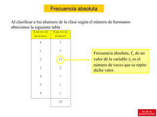 Frecuencia absoluta

Al clasificar a los alumnos de la clase según el número de hermanos
obtuvimos la siguiente tabla
            N úm ero de    N úm ero de
             herm anos      a lu m n o s
                 0              3

                 1              9
                                              Frecuencia absoluta, fi, de un
                 2              13            valor de la variable xi es el
                                              número de veces que se repite
                 3              2
                                              dicho valor.
                 4              1

                 5              1

                 8              1

                                30
 