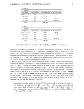 CAPÍTULO 2. DESCRIÇÃO NUMÉRICA DOS DADOS 9
ANO=5o
Classes
de pesos Frequências Percentagens F.Acumuladas
peso <=30 34 23.13 23.13
30 a 35 74 50.34 73.47
35 a 40 33 22.45 95.92
40 a 45 6 4.08 100.00
Total 147 100.00
ANO=6o
Classes
de pesos Frequências Percentagens F.Acumuladas
peso <=30 46 26.90 26.90
30 a 35 77 45.03 71.93
35 a 40 38 22.22 94.15
40 a 45 10 5.85 100.00
Total 171 100.00
Figura 2.3: Tabela de frequências dos PESOS, por ANO de escolaridade
foi medida numa escala intervalar. Por exemplo, uma avaliação baseada na escala de 0 a
20 é intervalar; uma classiﬁcação de 14.4 valores é nitidamente superior a uma de 7.2, no
entanto, 14.4 não signiﬁca um desempenho duas vezes melhor do que o 7.2. A medição
duma variável numa escala proporcional diz-nos quanto ela tem a mais em relação a outra.
Por exemplo, a ALTURA e o PESO dos alunos são exemplos de variáveis proporcionais.
Um peso de 46 Kg. é duas vezes superior ao peso de 23 Kg.
Quando temos este tipo de variáveis devemos decidir quantas classes/intervalos quere-
mos formar. Quando temos poucas observações devemos deﬁnir um número pequeno de
classes, 4, 5 ou 6. No entanto, quando o número de observações é elevado menos do que 10
classes origina uma perda signiﬁcativa de informação. Tudo depende também da variação
dos valores que a variável pode tomar. Assim como o número de intervalos e a amplitude
desses intervalos são arbitrários, também o são os pontos que deﬁnem o início, limite
inferior, e o ﬁm, limite superior, de cada intervalo. Estes limites separam os intervalos
uns dos outros. Eles devem ser escolhidos por forma a que, para cada observação, ﬁque
bem claro a que intervalo ela pertence. Por exemplo, relativamente à variável ALTURA,
podemos usar um dos dois seguintes processos:
1. o primeiro intervalo, para a variável ALTURA, compreende os valores que vão desde
125 a 130 cm. inclusivé ( isto é, 125 < ALTURA ≤ 130); o segundo intervalo terá
observações desde 130 cm. até 135 cm. inclusivé (130 < ALTURA ≤ 135), ....,
até ao último intervalo que engloba ALTURAS que vão desde os 145 aos 150 cm.
(145 < ALTURA ≤ 150);
 