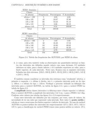 CAPÍTULO 2. DESCRIÇÃO NUMÉRICA DOS DADOS 10
SEXO=feminino
Classes
de alturas Frequências Percentagens F.Acumuladas
altura<=130 5 4.03 4.03
130 a 135 42 33.87 37.90
135 a 140 66 53.23 91.13
140 a 145 10 8.06 99.19
altura>145 1 0.31 100.00
Total 124 100.00
SEXO=masculino
Classes
de alturas Frequências Percentagens F.Acumuladas
altura<=130 2 1.03 1.03
130 a 135 32 16.49 17.53
135 a 140 84 43.30 60.82
140 a 145 63 32.47 93.30
altura>145 13 6.70 100.00
Total 194 100.00
Figura 2.4: Tabela das frequências das ALTURAS, por SEXO do aluno
2. (e como, para esta variável, todas as observações são quantidades inteiras) os limi-
tes dos intervalos são deﬁnidos usando valores com casas decimais, 0.5 unidades
inferiores ao valor, para o limite inferior, e 0.5 unidades superiores ao valor, para o
limite superior, de cada intervalo. Neste caso, ﬁcamos com os seguintes intervalos
fechados nos dois extremos: [124.5, 130.5], [130.5, 135.5], [135.5, 140.5], [140.5, 145.5]
e [145.5, 150.5].
É também comum considerar os intervalos dos extremos como ’totalmente’ abertos, o
primeiro à esquerda, e o último à direita, isto é, o primeiro intervalo pode ser do tipo
≤ 130cm. e o último do tipo > 145cm. Veriﬁque o processo utilizado na deﬁnição dos
intervalos para a variável ALTURA, na tabela da ﬁgura 2.4 e para a variável PESO na
tabela da ﬁgura 2.3.
A amplitude destas classes/intervalos é a diferença entre o limite superior e o inferior.
Para a variável ALTURA a amplitude dos intervalos é de 5 cm. e para o PESO é de 5 Kg.
Conﬁrme estes valores nas tabelas das ﬁgura 2.4 e 2.3 respectivamente.
Como estes intervalos são deﬁnidos por um conjunto, por vezes, vasto de valores, há
necessidade de ter um valor que represente cada intervalo. Este valor é o ponto médio e
calcula-se como a semi-soma dos limites superior e inferior do intervalo. No caso da variável
ALTURA os pontos médios dos intervalos são respectivamente 127.5, 132.5, 137.5, 142.5 e
147.5 e para a classiﬁcação da variável PESO temos como pontos médios os valores: 27.5,
 