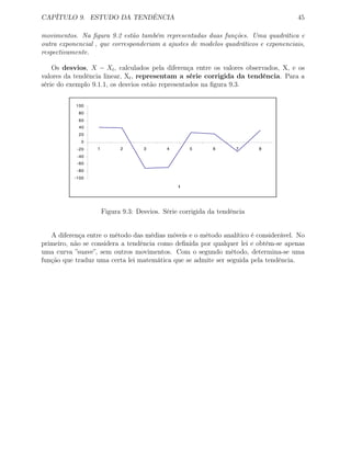 CAPÍTULO 9. ESTUDO DA TENDÊNCIA 45
movimentos. Na ﬁgura 9.2 estão também representadas duas funções. Uma quadrática e
outra exponencial , que corresponderiam a ajustes de modelos quadráticos e exponenciais,
respectivamente.
Os desvios, X − Xt, calculados pela diferença entre os valores observados, X, e os
valores da tendência linear, Xt, representam a série corrigida da tendência. Para a
série do exemplo 9.1.1, os desvios estão representados na ﬁgura 9.3.
-100
-80
-60
-40
-20
0
20
40
60
80
100
1 2 3 4 5 6 7 8
t
Figura 9.3: Desvios. Série corrigida da tendência
A diferença entre o método das médias móveis e o método analítico é considerável. No
primeiro, não se considera a tendência como deﬁnida por qualquer lei e obtém-se apenas
uma curva ”suave”, sem outros movimentos. Com o segundo método, determina-se uma
função que traduz uma certa lei matemática que se admite ser seguida pela tendência.
 