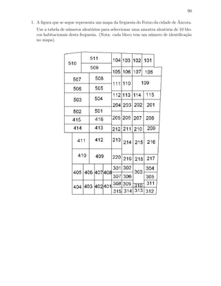 90
1. A ﬁgura que se segue representa um mapa da freguesia do Forno da cidade de Âncora.
Use a tabela de números aleatórios para seleccionar uma amostra aleatória de 10 blo-
cos habitacionais desta freguesia. (Nota: cada bloco tem um número de identiﬁcação
no mapa).
 