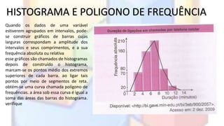 HISTOGRAMA E POLIGONO DE FREQUÊNCIA 
Quando os dados de uma variável 
estiverem agrupados em intervalos, pode-se 
construir gráficos de barras cujas 
larguras correspondam a amplitude dos 
intervalos e seus comprimentos, e a sua 
frequência absoluta ou relativa 
esse gráficos são chamados de histogramas 
depois de construído o histograma, 
marcam-se os pontos médio dos extremos 
superiores de cada barra. ao ligar tais 
pontos por meio de segmentos de reta. 
obtém-se uma curva chamada polígono de 
frequências. a área sob essa curva é igual a 
soma das áreas das barras do histograma. 
verifique 
 