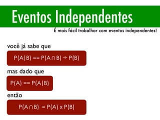 Eventos Independentes
É mais fácil trabalhar com eventos independentes!
P(A) == P(A|B)
P(A|B) == P(A∩B) ÷ P(B)
P(A∩B) = P(A) x P(B)
você já sabe que
mas dado que
então
 