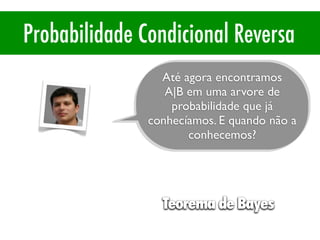 Probabilidade Condicional
Até agora encontramos
A|B em uma arvore de
probabilidade que já
conhecíamos. E quando não a
conhecemos?
Probabilidade Condicional Reversa
P(A|B) = P(A ∩B) / P(B)
Teorema de Bayes
 