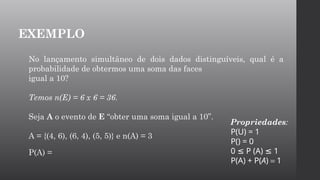 No lançamento simultâneo de dois dados distinguíveis, qual é a
probabilidade de obtermos uma soma das faces
igual a 10?
Temos n(E) = 6 x 6 = 36.
Seja A o evento de E “obter uma soma igual a 10”.
A = {(4, 6), (6, 4), (5, 5)} e n(A) = 3
EXEMPLO
P(A) =
P(U) = 1
P() = 0
0 P (A) 1
≤ ≤
P(A) + P(A) = 1
Propriedades:
 