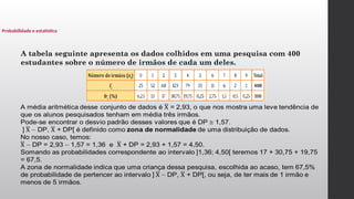A tabela seguinte apresenta os dados colhidos em uma pesquisa com 400
estudantes sobre o número de irmãos de cada um deles.
Probabilidade e estatística
 