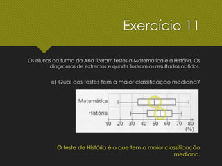 Os alunos da turma da Ana fizeram testes a Matemática e a História. Os
diagramas de extremos e quartis ilustram os resultados obtidos.
e) Qual dos testes tem a maior classificação mediana?
O teste de História é o que tem a maior classificação
mediana.
Exercício 11
 