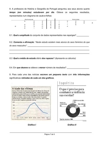 8. A professora de História e Geografia de Portugal perguntou aos seus alunos quanto
tempo   (em   minutos)    estudavam     por   dia.    Obteve   os     seguintes   resultados,
representados num diagrama de caule-e-folhas:




8.1. Qual a amplitude do conjunto de dados representados nas raparigas? ___________


8.2. Comenta a afirmação: “Neste estudo existem mais alunos do sexo feminino do que
do sexo masculino”. _______________________________________________________
________________________________________________________________________
________________________________________________________________________

8.3. Qual a média de estudo diário dos rapazes? (Apresenta os cálculos)



8.4. Em que dezena se obteve o menor número de resultados? ____________________


9. Para cada uma das notícias escreve um pequeno texto com três informações
significativas retiradas de cada um dos gráficos.




                    Gráfico I                                       Gráfico II



                                      Página 7 de 9
 