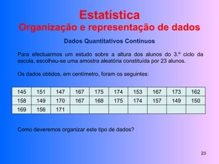 Estatística Organização e representação de dados Dados Quantitativos Contínuos Para efectuarmos um estudo sobre a altura dos alunos do 3.º ciclo da escola, escolheu-se uma amostra aleatória constituída por 23 alunos. Os dados obtidos, em centímetro, foram os seguintes: Como deveremos organizar este tipo de dados? 145 151 147 167 175 174 153 167 173 162 158 149 170 167 168 175 174 157 149 150 169 156 171 