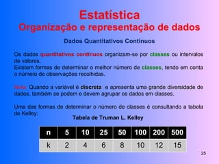 Estatística Organização e representação de dados Dados Quantitativos Contínuos Os dados  quantitativos contínuos  organizam-se por  classes  ou intervalos de valores. Existem formas de determinar o melhor número de  classes , tendo em conta o número de observações recolhidas. Nota:  Quando a variável é  discreta   e apresenta uma  grande diversidade  de dados, também se podem e devem agrupar os dados em classes.  Uma das formas de determinar o número de classes é consultando a tabela de Kelley: Tabela de Truman L. Kelley n 5 10 25 50 100 200 500 k 2 4 6 8 10 12 15 