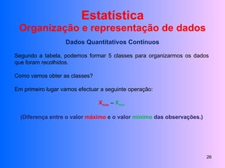 Estatística Organização e representação de dados Dados Quantitativos Contínuos Segundo a tabela, podemos formar 5 classes para organizarmos os dados que foram recolhidos. Como vamos obter as classes? Em primeiro lugar vamos efectuar a seguinte operação:  X max  –  X min (Diferença entre o valor  máximo  e o valor  mínimo  das observações.) 